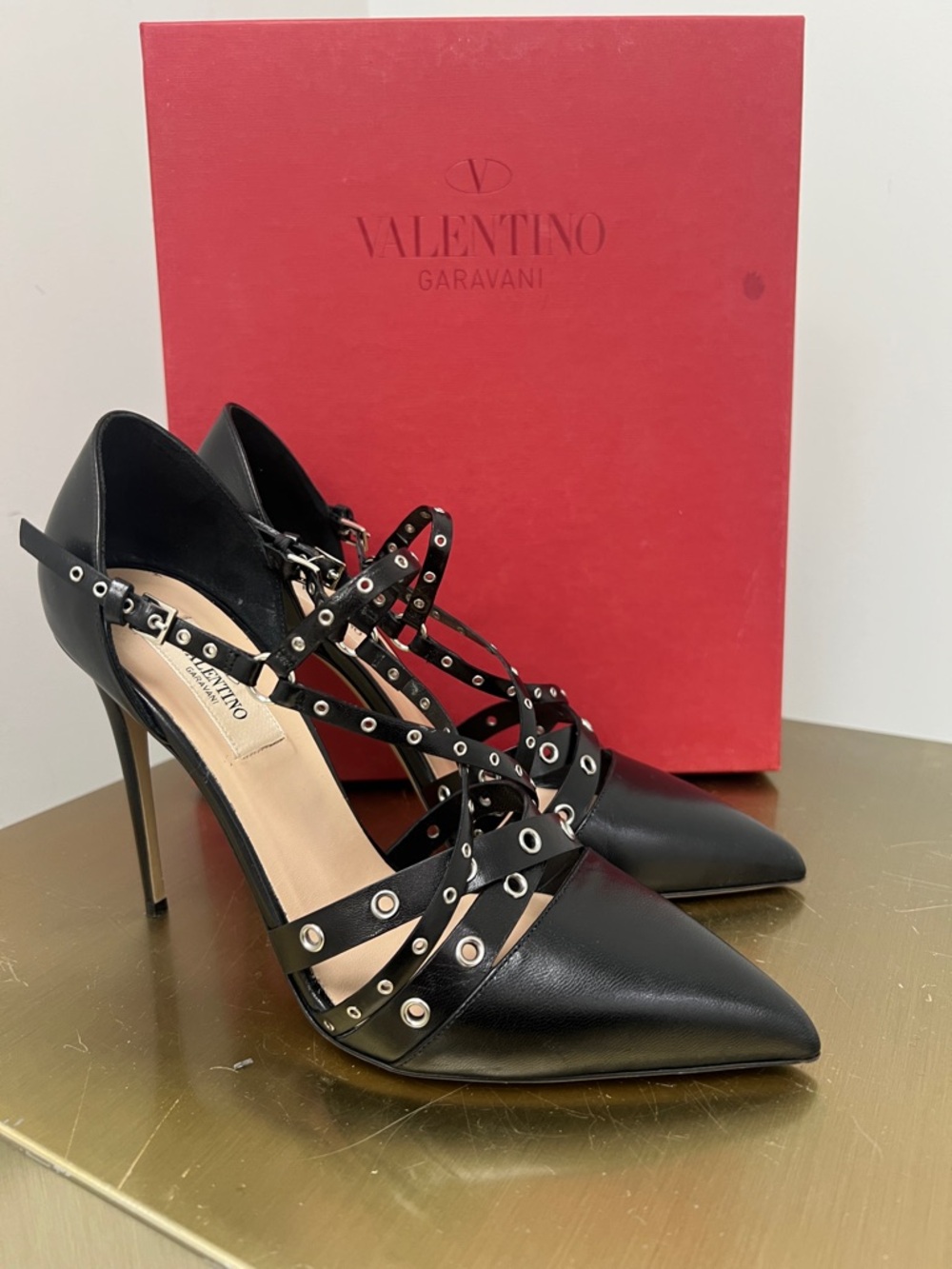 Valentino Garavani Black Studded Strappy Pointed-Toe Heels